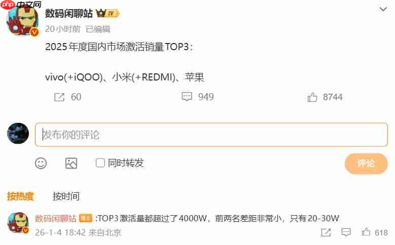 vivo、小米、苹果拿下 2025 年国内市场销量 TOP3，激活量超 4000 万