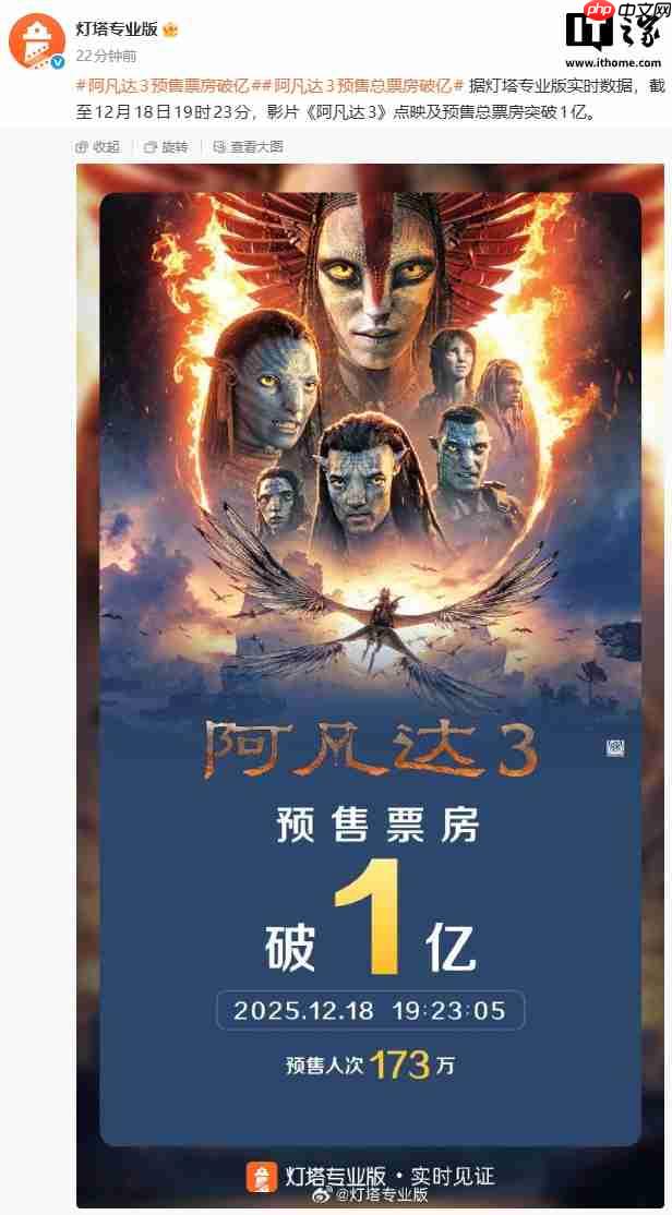 科幻电影《阿凡达 3》点映及预售总票房破亿，明日全国上映