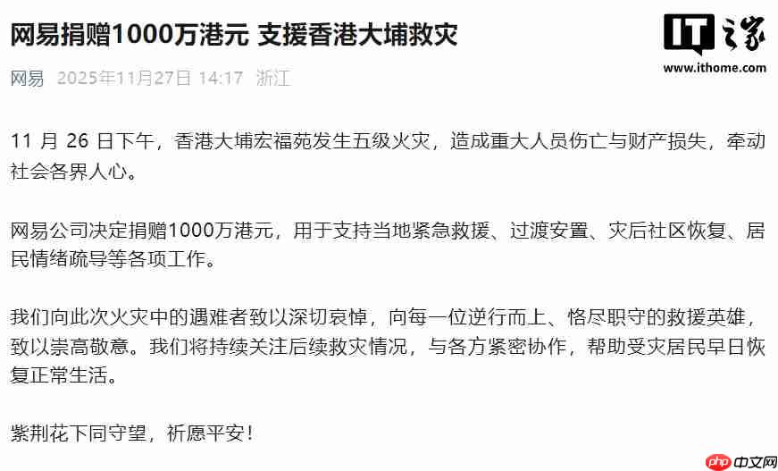 网易捐赠 1000 万港元，支援香港大埔救灾