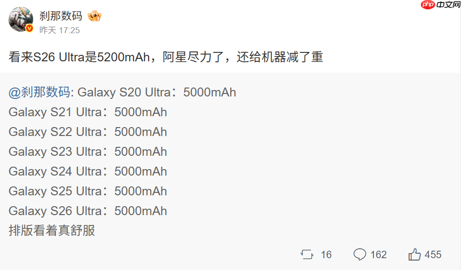 传容量微增、充电提速，SAMSUNG S26 Ultra 电池规格曝光!