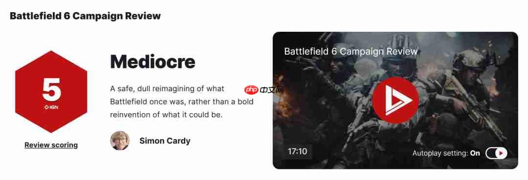 《战地6》单人战役IGN 5分 MTC综合得分84分