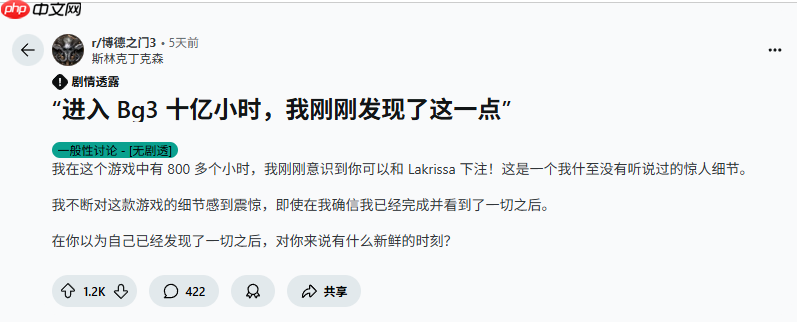 意外之喜！《博德之门3》玩家游玩800小时仍有新发现