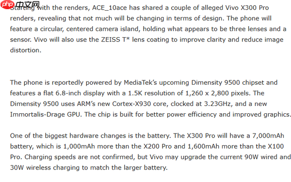 vivo X300 Pro外观和配置曝光 设计小改 配7000mAh电池